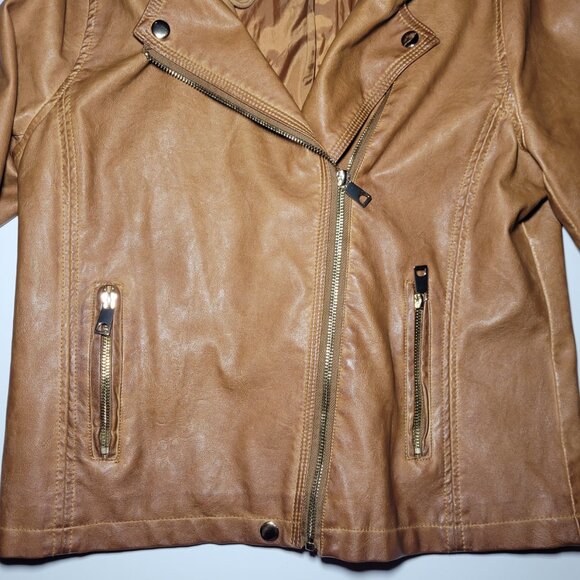 Blu Pepper Womens Brown Faux Leather Biker Jacket with Removable Hood Size Large - Picture 9 of 16